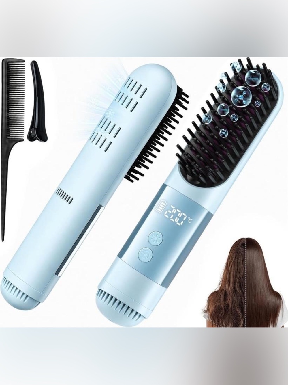 Light Blue Electric Hair Straightening Brush - Digital Temperature Control